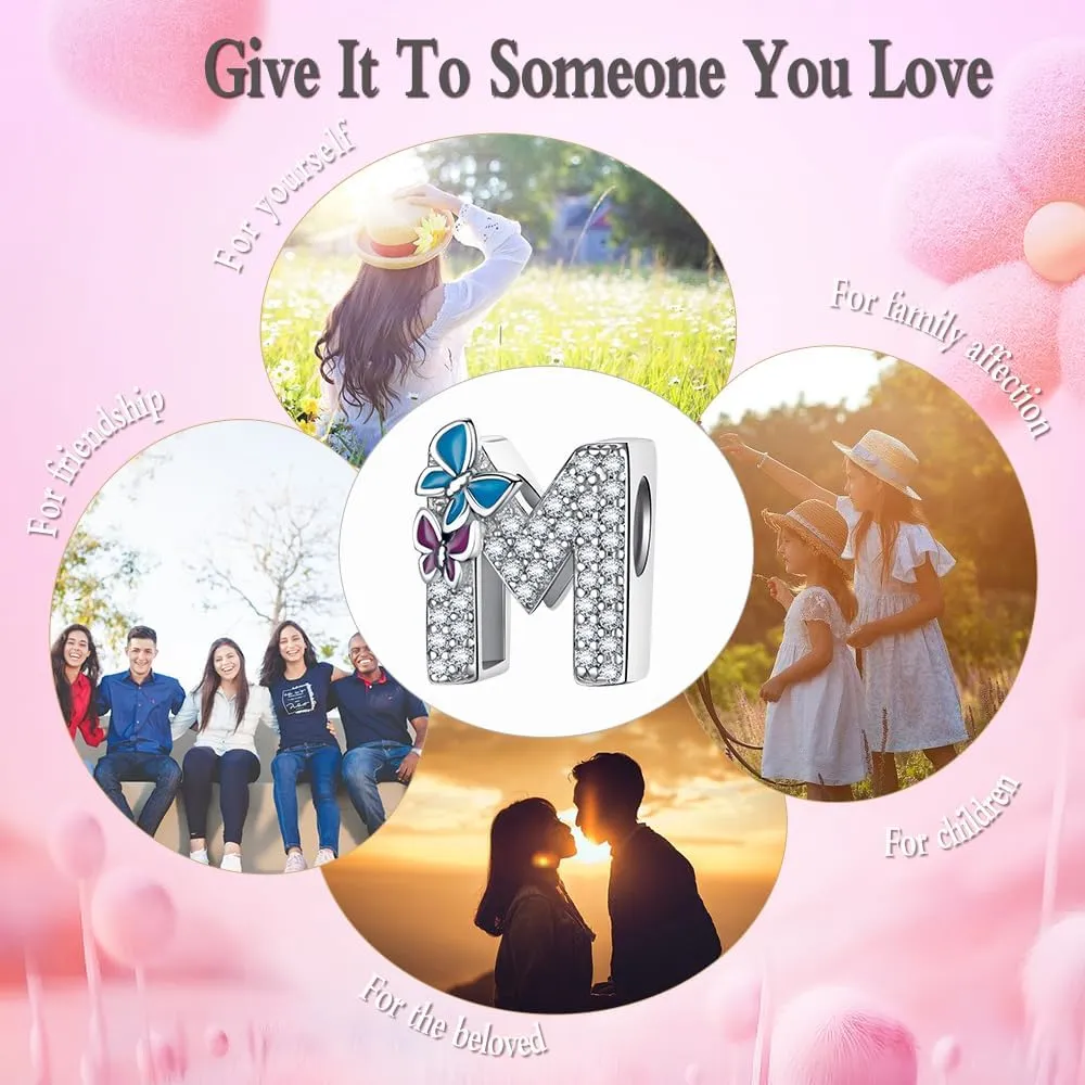 S925 Sterling Silver A~Z Letters Charms with 5A Cubic Zircon Stones, Butterfly Alphabet Beads fit Pandora European Bracelets Gift Options