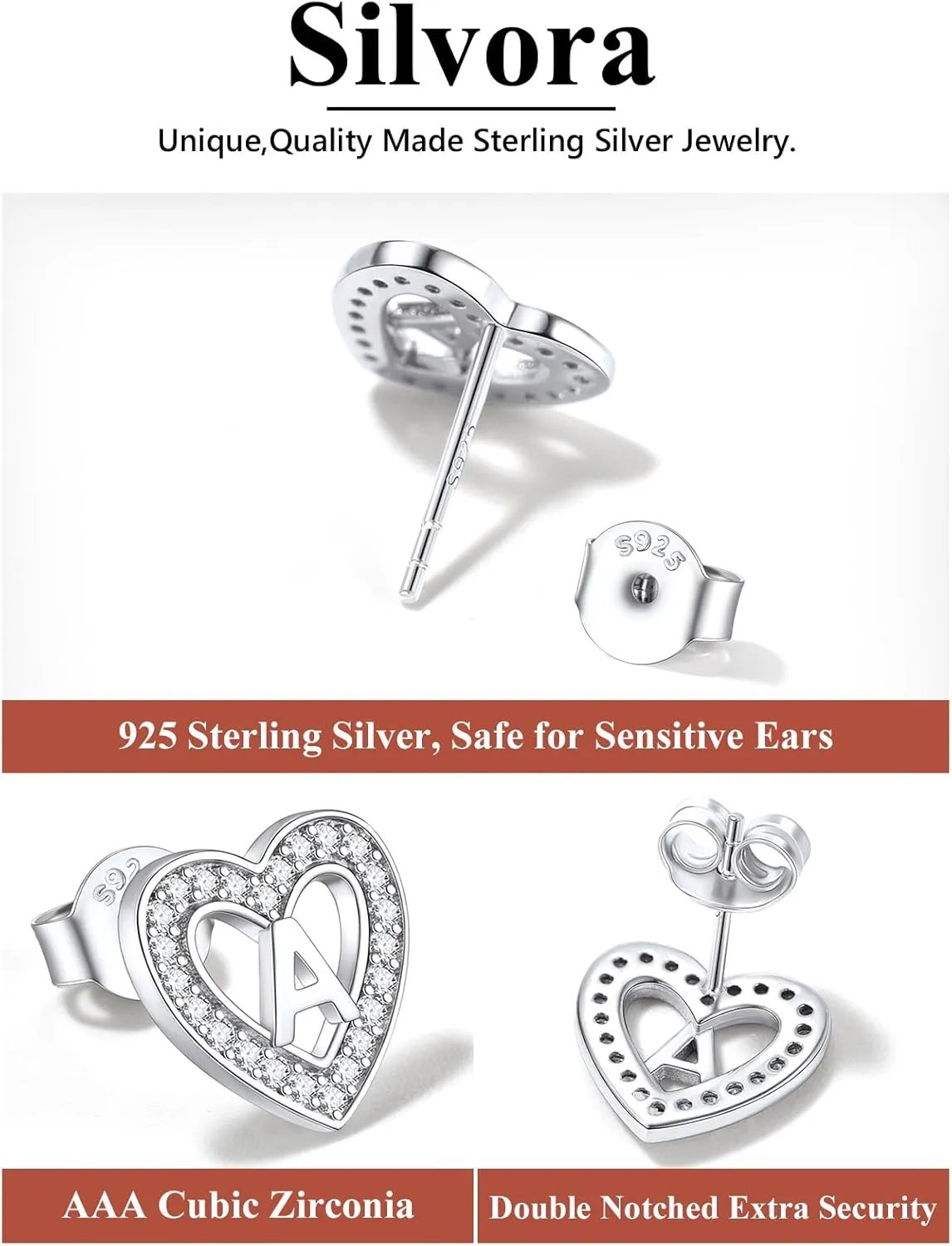 S925 Sterling Silver Letter Heart Stud Earrings Cubic Zirconia Stud Earrings 18K Gold Plated Initial Stud Earrings Hypoallergenic Initial Earrings Stud for Girls for Women Teen Gifts