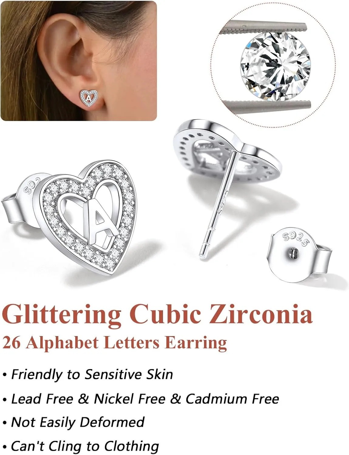 S925 Sterling Silver Letter Heart Stud Earrings Cubic Zirconia Stud Earrings 18K Gold Plated Initial Stud Earrings Hypoallergenic Initial Earrings Stud for Girls for Women Teen Gifts