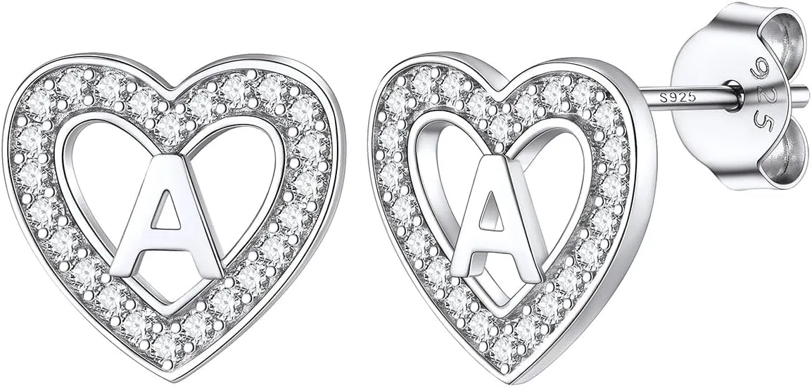 S925 Sterling Silver Letter Heart Stud Earrings Cubic Zirconia Stud Earrings 18K Gold Plated Initial Stud Earrings Hypoallergenic Initial Earrings Stud for Girls for Women Teen Gifts