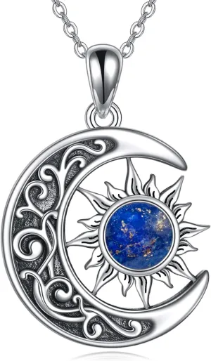 S925 Sterling Silver Sun and Moon Necklace - Opal/Lapis Crescent Moon Star Pendant Jewelry Gift for Women