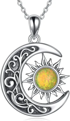 S925 Sterling Silver Sun and Moon Necklace - Opal/Lapis Crescent Moon Star Pendant Jewelry Gift for Women