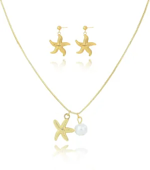 SANDOO Starfish Pearl Necklace and Earrings Gold Plated - Necklace and Earring Sets for Women,Starfish Pendant Necklace,Dainty Starfish Summer Jewelry Set,Birthday Valentines Christmas Gift