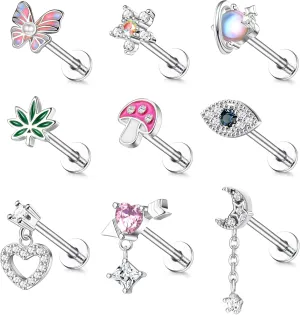 Sanfenly Gold Tragus Cartilage Helix Conch Piercing Jewelry 16G Surgical Stainless Steel Cartilage Tragus Earrings for Women Cartilage Labret Jewelry Helix Tragus Piercing Cute Flower Butterfly Ear Piercing Stud