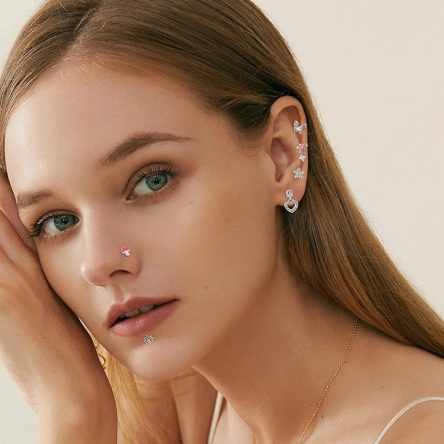 Sanfenly Gold Tragus Cartilage Helix Conch Piercing Jewelry 16G Surgical Stainless Steel Cartilage Tragus Earrings for Women Cartilage Labret Jewelry Helix Tragus Piercing Cute Flower Butterfly Ear Piercing Stud