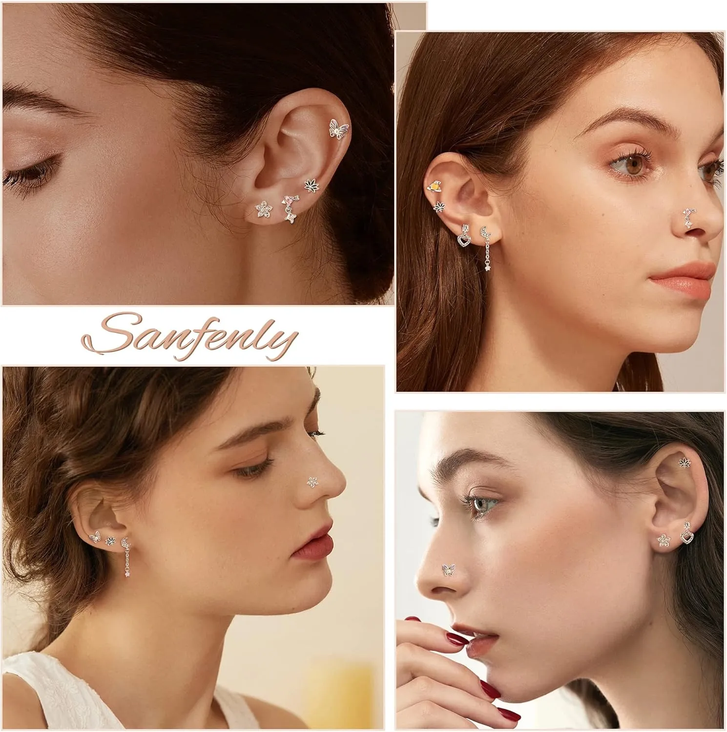 Sanfenly Gold Tragus Cartilage Helix Conch Piercing Jewelry 16G Surgical Stainless Steel Cartilage Tragus Earrings for Women Cartilage Labret Jewelry Helix Tragus Piercing Cute Flower Butterfly Ear Piercing Stud