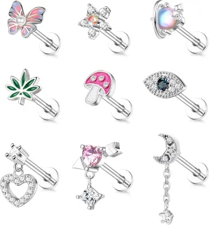 Sanfenly Gold Tragus Cartilage Helix Conch Piercing Jewelry 16G Surgical Stainless Steel Cartilage Tragus Earrings for Women Cartilage Labret Jewelry Helix Tragus Piercing Cute Flower Butterfly Ear Piercing Stud