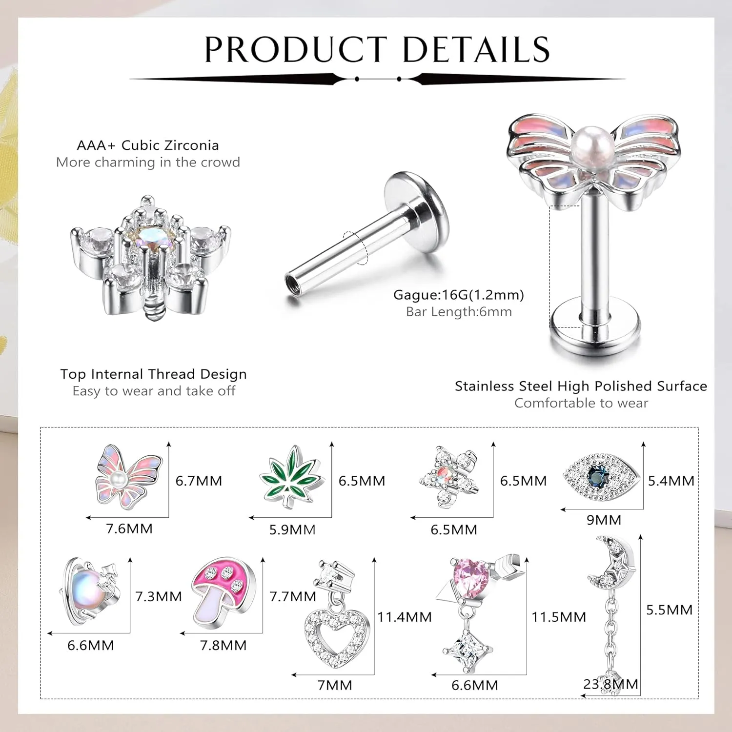 Sanfenly Gold Tragus Cartilage Helix Conch Piercing Jewelry 16G Surgical Stainless Steel Cartilage Tragus Earrings for Women Cartilage Labret Jewelry Helix Tragus Piercing Cute Flower Butterfly Ear Piercing Stud