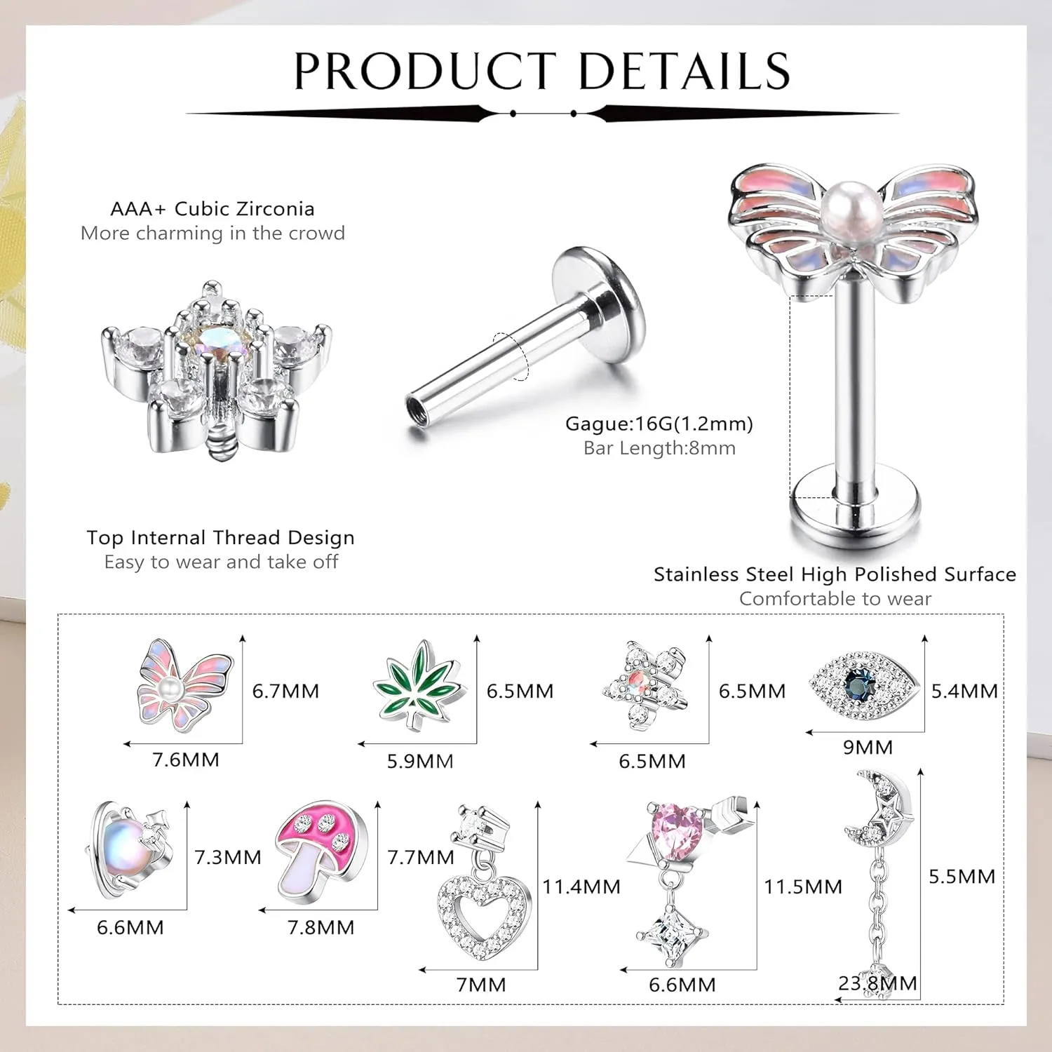 Sanfenly Gold Tragus Cartilage Helix Conch Piercing Jewelry 16G Surgical Stainless Steel Cartilage Tragus Earrings for Women Cartilage Labret Jewelry Helix Tragus Piercing Cute Flower Butterfly Ear Piercing Stud