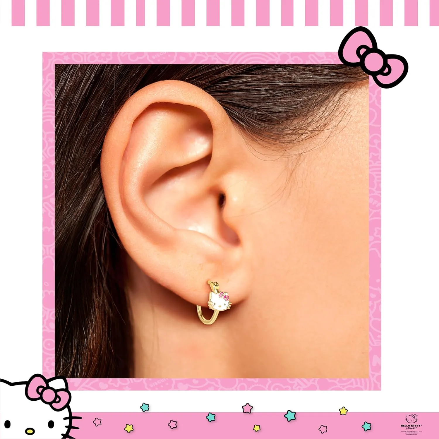 Sanrio Hello Kitty Womens Hoop Earrings - Sterling Silver and Enamel Hello Kitty Earrings Official License