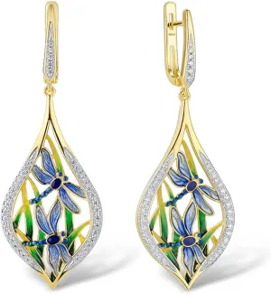 Santuzza 925 Sterling Silver Cubic Zirconia Enamel Flower Dragonfly Earrings for Women