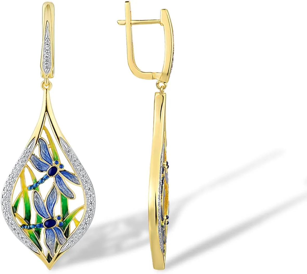 Santuzza 925 Sterling Silver Cubic Zirconia Enamel Flower Dragonfly Earrings for Women