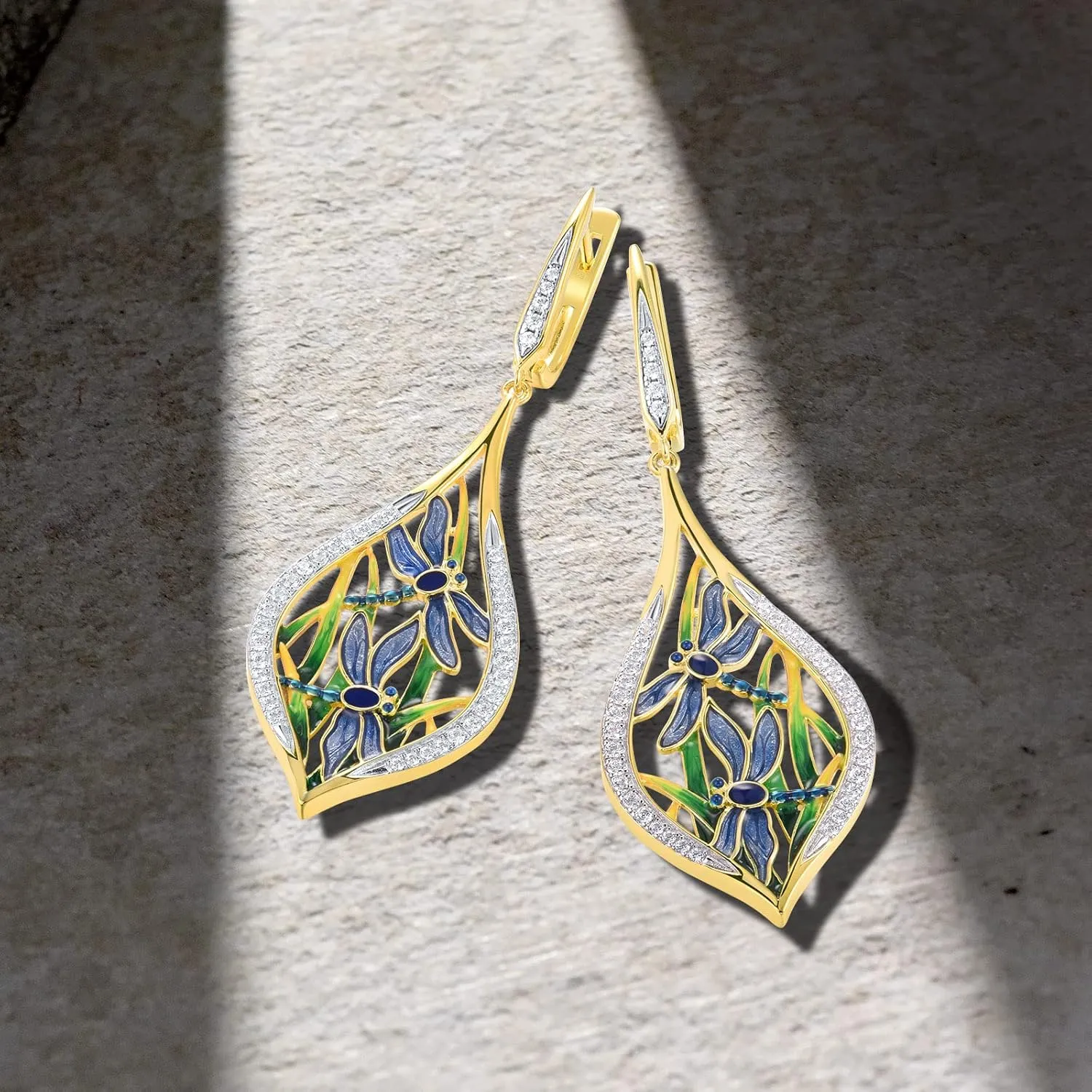 Santuzza 925 Sterling Silver Cubic Zirconia Enamel Flower Dragonfly Earrings for Women