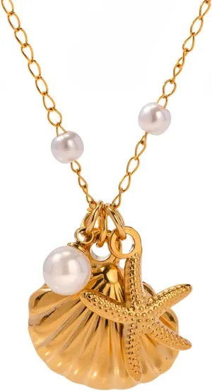 Seashell Starfish Pearl Pendant Necklace for Women, 18K Gold Plated Beachy Charm Pendant Necklace, Dainty Adjustable Gold Layered Summer Ocean Jewelry