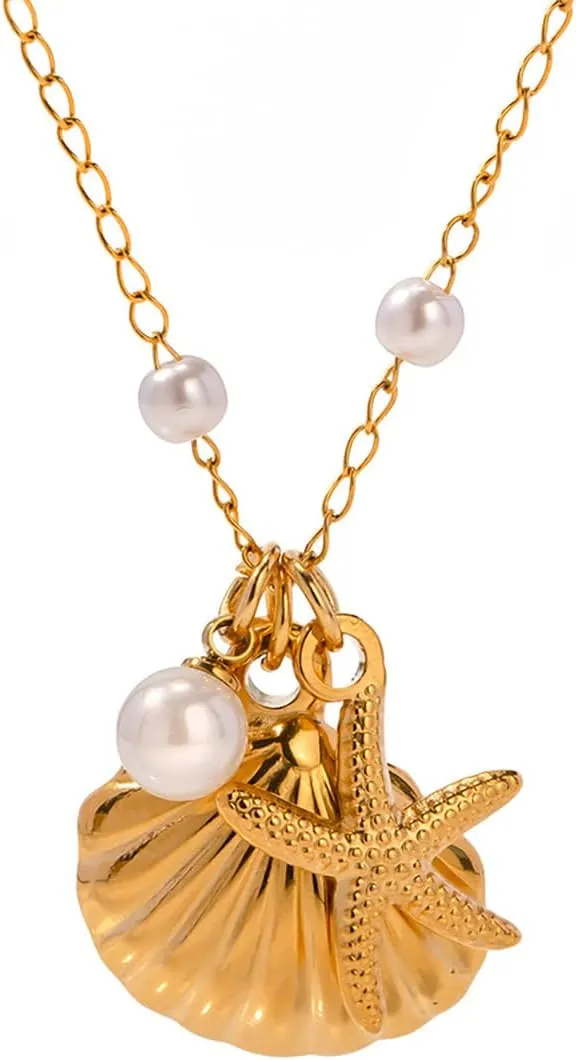 Seashell Starfish Pearl Pendant Necklace for Women, 18K Gold Plated Beachy Charm Pendant Necklace, Dainty Adjustable Gold Layered Summer Ocean Jewelry
