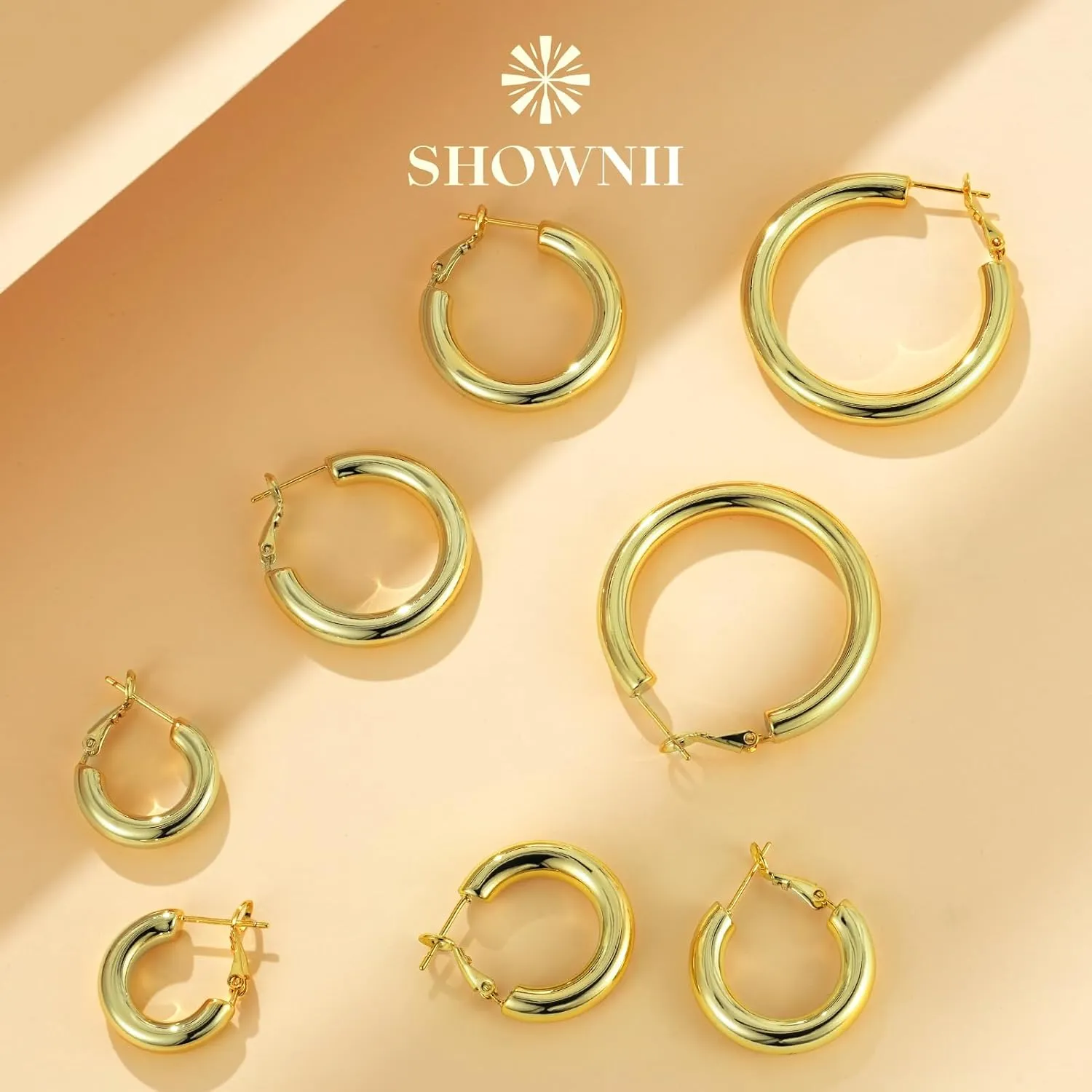 SHOWNII Chunky Gold Hoop Earrings - 14K Gold Plated Earrings for Women Hollow Tube Thick Hoops Graduation Gifts for Her