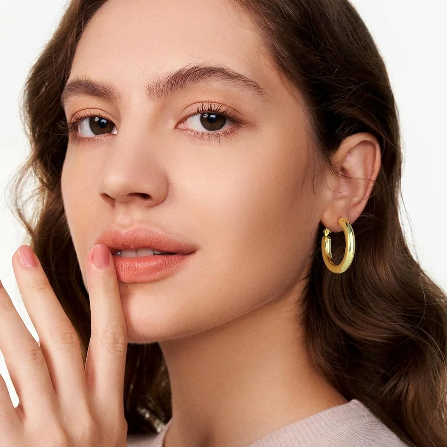 SHOWNII Chunky Gold Hoop Earrings - 14K Gold Plated Earrings for Women Hollow Tube Thick Hoops Graduation Gifts for Her