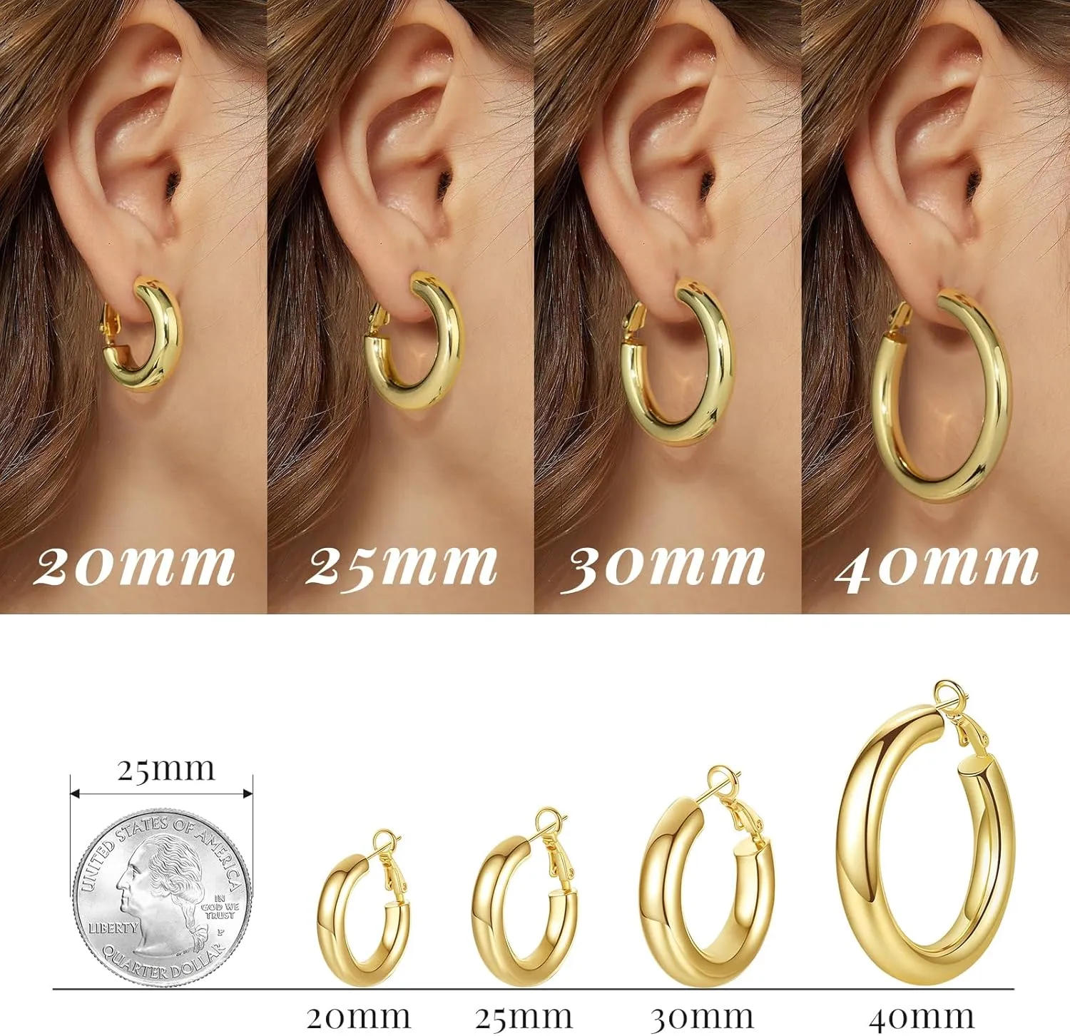 SHOWNII Chunky Gold Hoop Earrings - 14K Gold Plated Earrings for Women Hollow Tube Thick Hoops Graduation Gifts for Her