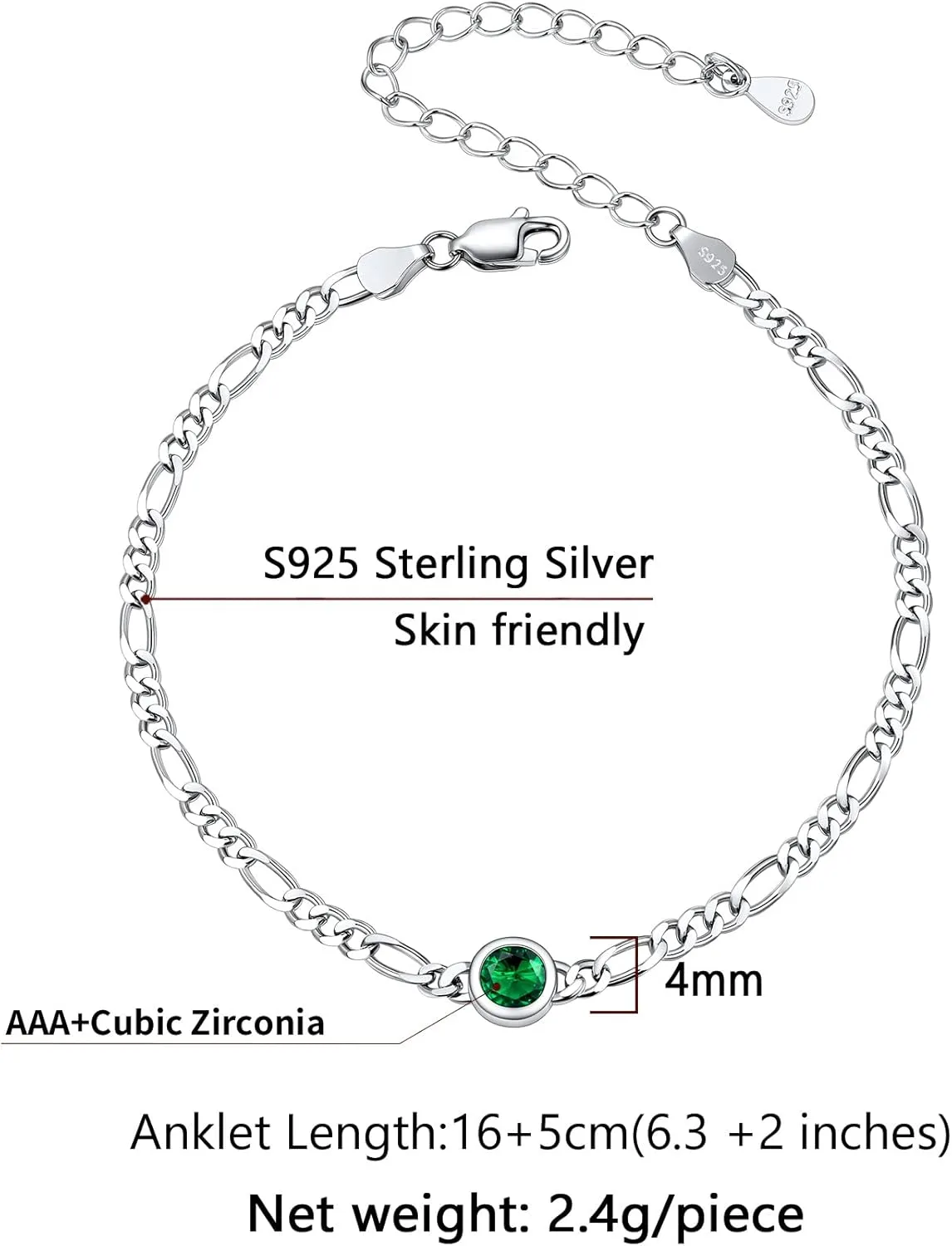 SILVERCUTE 3mm/5mm Chain Bracelet for Women Sterling Silver Figaro Chain Link Bracelet with Heart or Round Birthstone