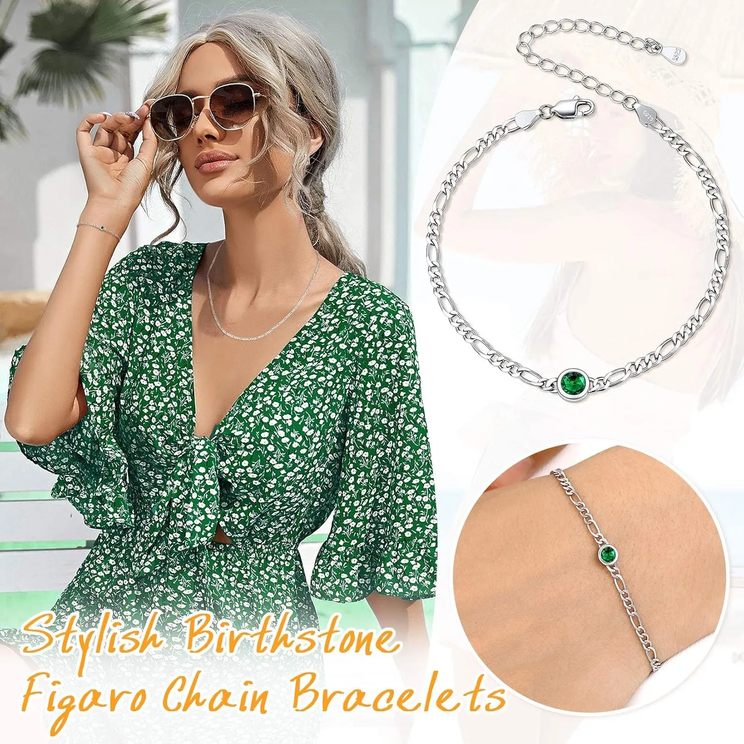 SILVERCUTE 3mm/5mm Chain Bracelet for Women Sterling Silver Figaro Chain Link Bracelet with Heart or Round Birthstone