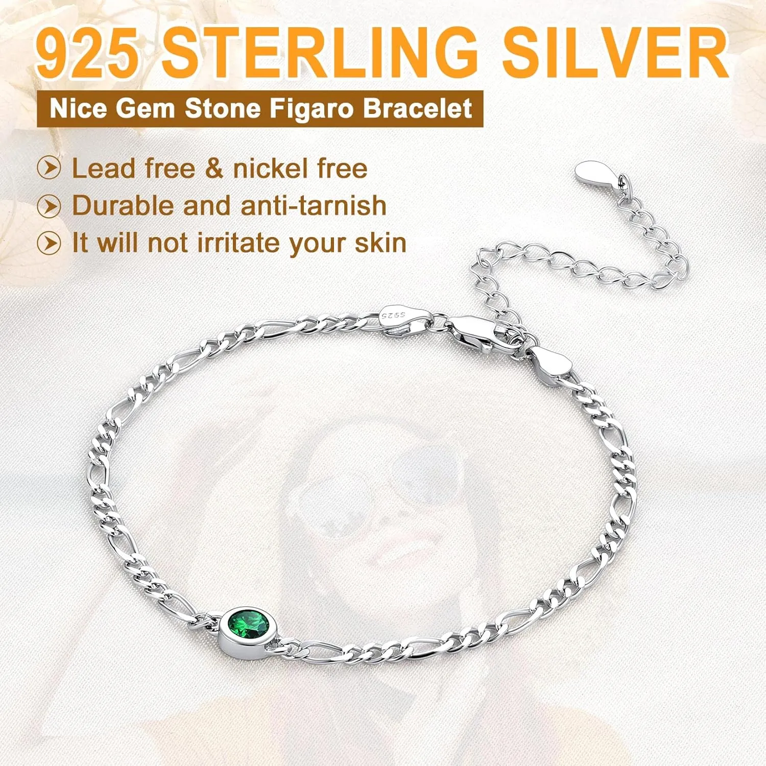SILVERCUTE 3mm/5mm Chain Bracelet for Women Sterling Silver Figaro Chain Link Bracelet with Heart or Round Birthstone