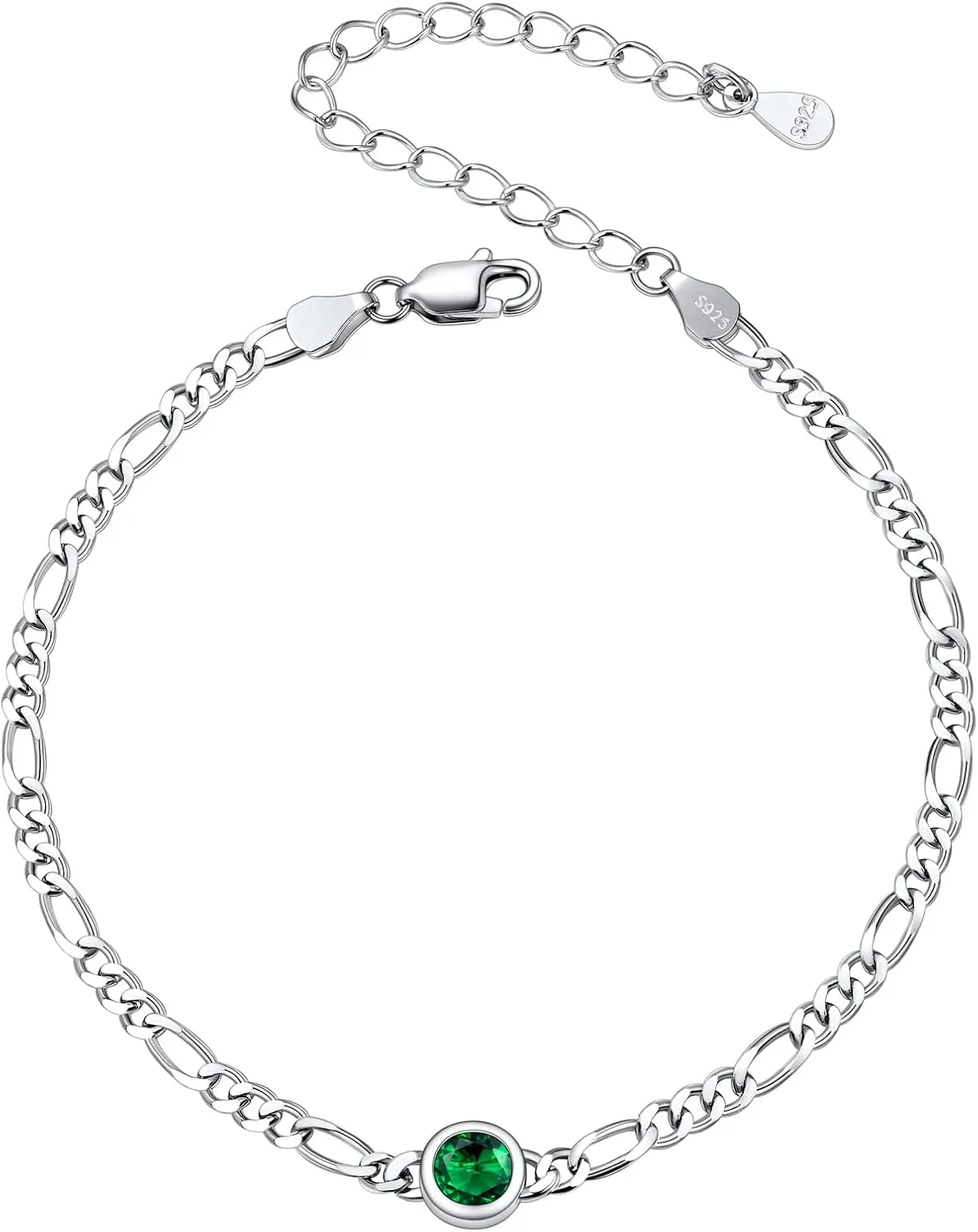 SILVERCUTE 3mm/5mm Chain Bracelet for Women Sterling Silver Figaro Chain Link Bracelet with Heart or Round Birthstone