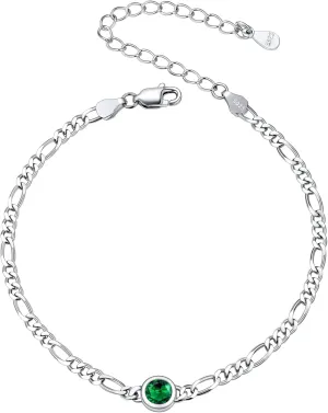 SILVERCUTE 3mm/5mm Chain Bracelet for Women Sterling Silver Figaro Chain Link Bracelet with Heart or Round Birthstone