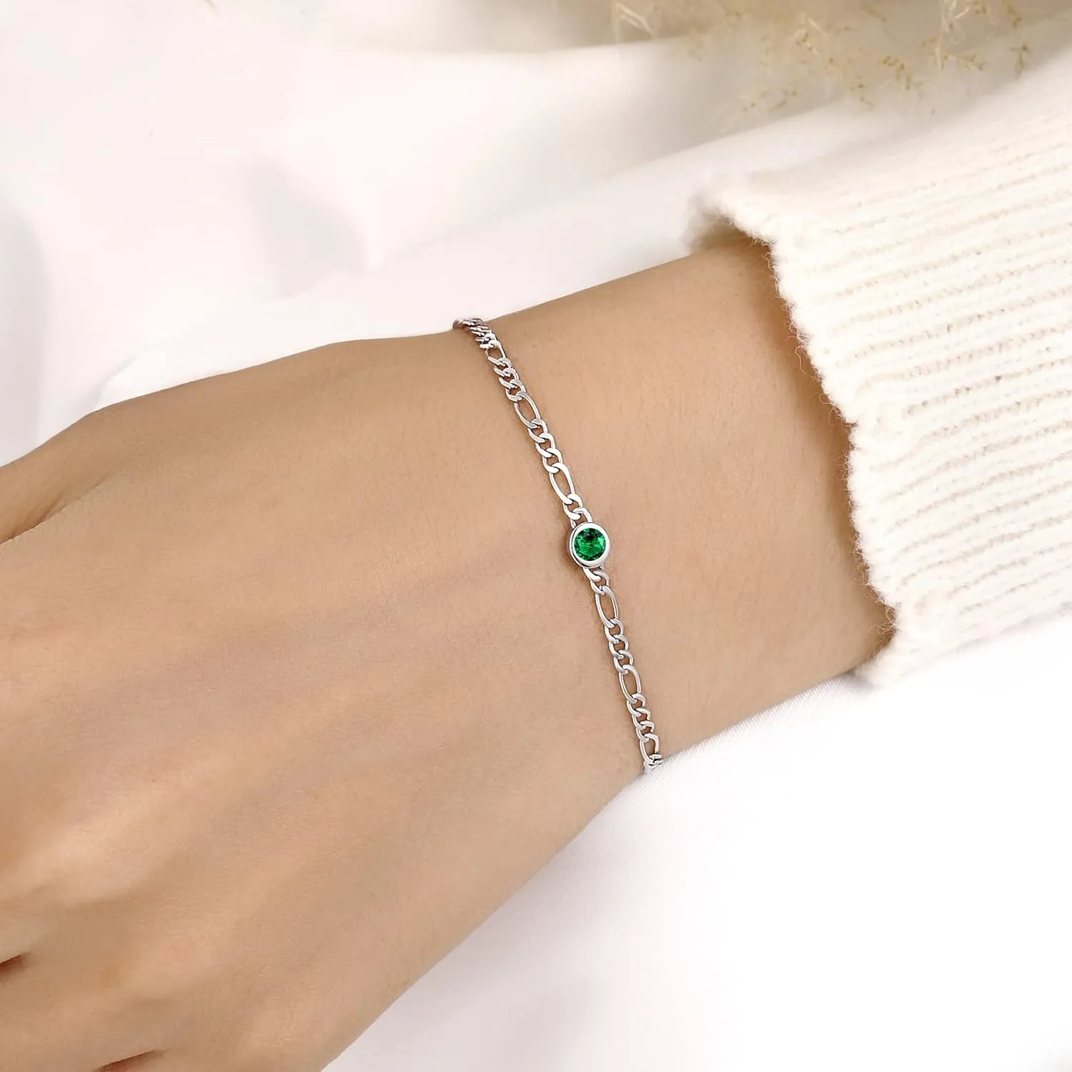 SILVERCUTE 3mm/5mm Chain Bracelet for Women Sterling Silver Figaro Chain Link Bracelet with Heart or Round Birthstone