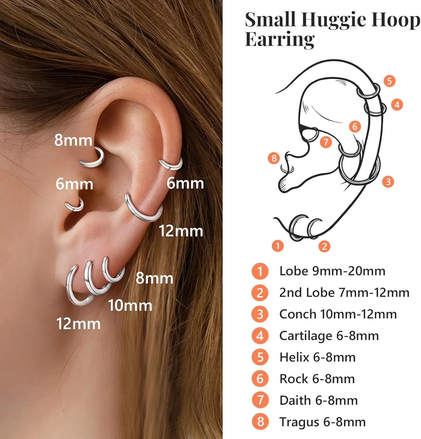 Silvora 925 Sterling Silver Small Hoop Earrings for Women Huggie Earrings Hypoallergenic Cartilage Earrings Tiny Hoops 6mm/8mm/10mm/12mm