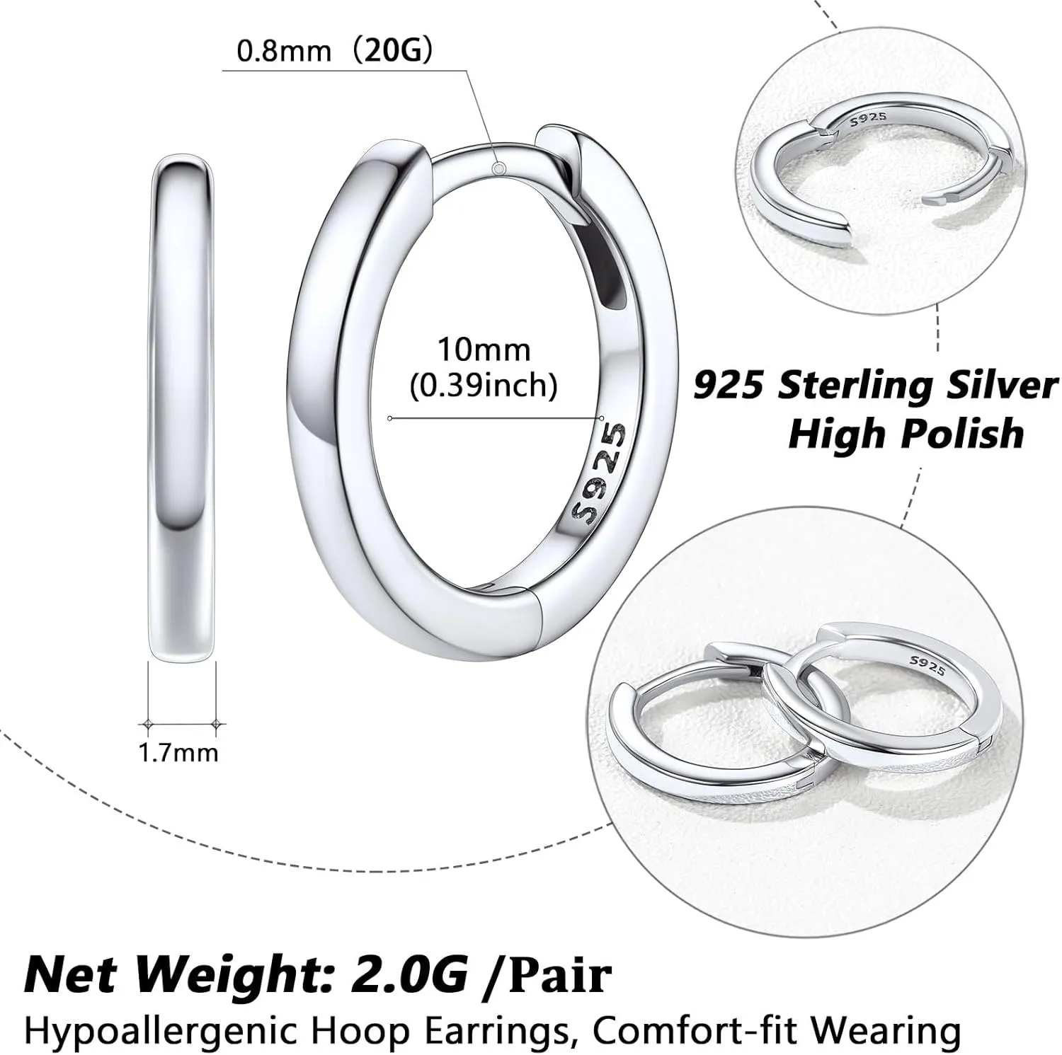 Silvora 925 Sterling Silver Small Hoop Earrings for Women Huggie Earrings Hypoallergenic Cartilage Earrings Tiny Hoops 6mm/8mm/10mm/12mm