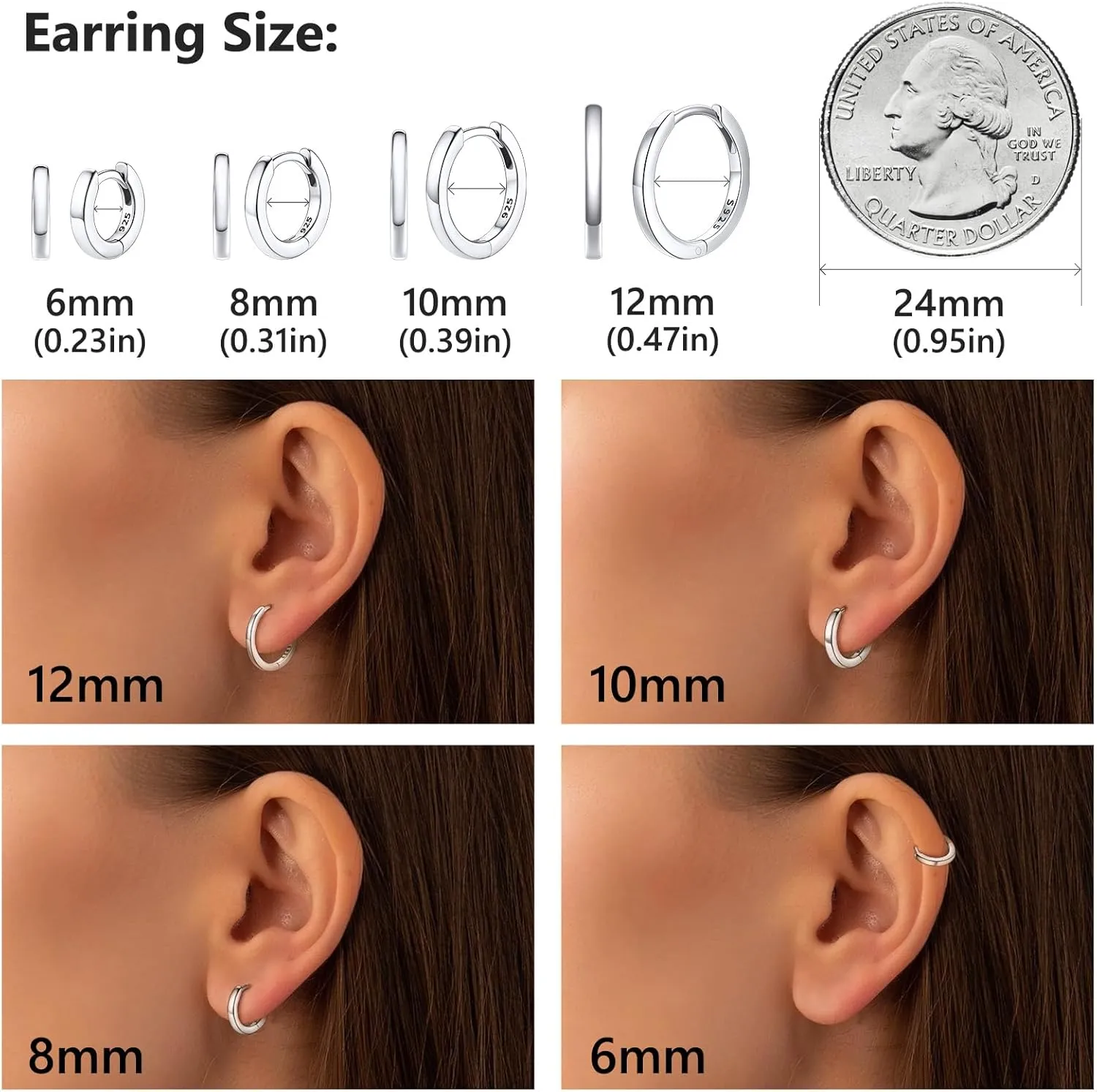 Silvora 925 Sterling Silver Small Hoop Earrings for Women Huggie Earrings Hypoallergenic Cartilage Earrings Tiny Hoops 6mm/8mm/10mm/12mm
