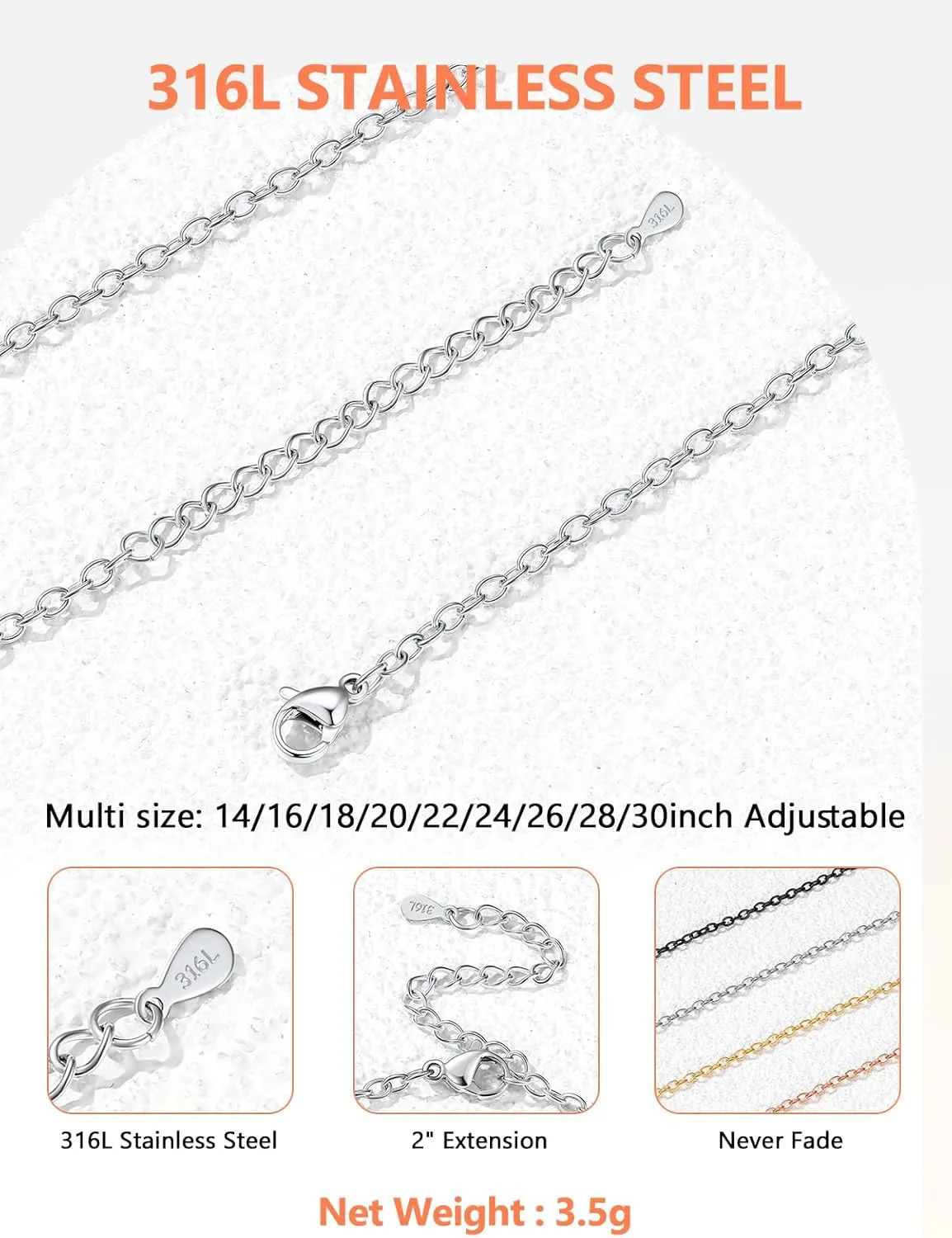 Silvora Stainless Steel Necklace for Women,2MM Rolo Cable Chain Necklace-316L Stainless Steel/14K Gold/Black/Rose Gold Plated-Womens Chain for Pendant 14"-30" Length