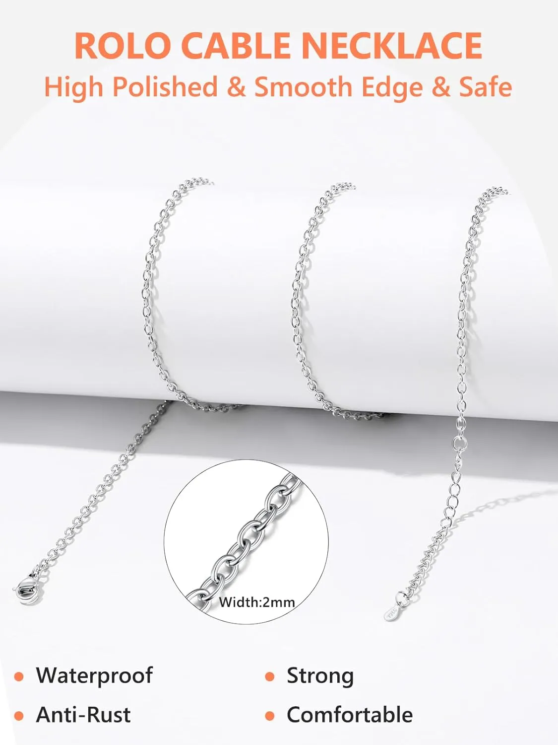 Silvora Stainless Steel Necklace for Women,2MM Rolo Cable Chain Necklace-316L Stainless Steel/14K Gold/Black/Rose Gold Plated-Womens Chain for Pendant 14"-30" Length