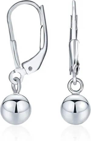 Simple Plain Basic Dangling Lever back Round Bead Ball Drop Earrings For Women For Teen Rose Gold .925 Sterling Silver 6MM 8MM 10MM