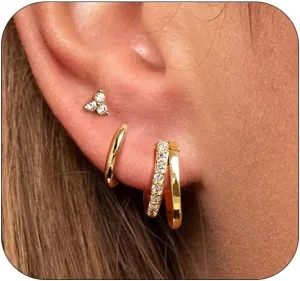 Small Hoop Earrings Set for Women,Trendy 14K Gold Plated Sterling Silver Small Chunky Hoops Earrings for Multiple Piercing Jewelry Gift