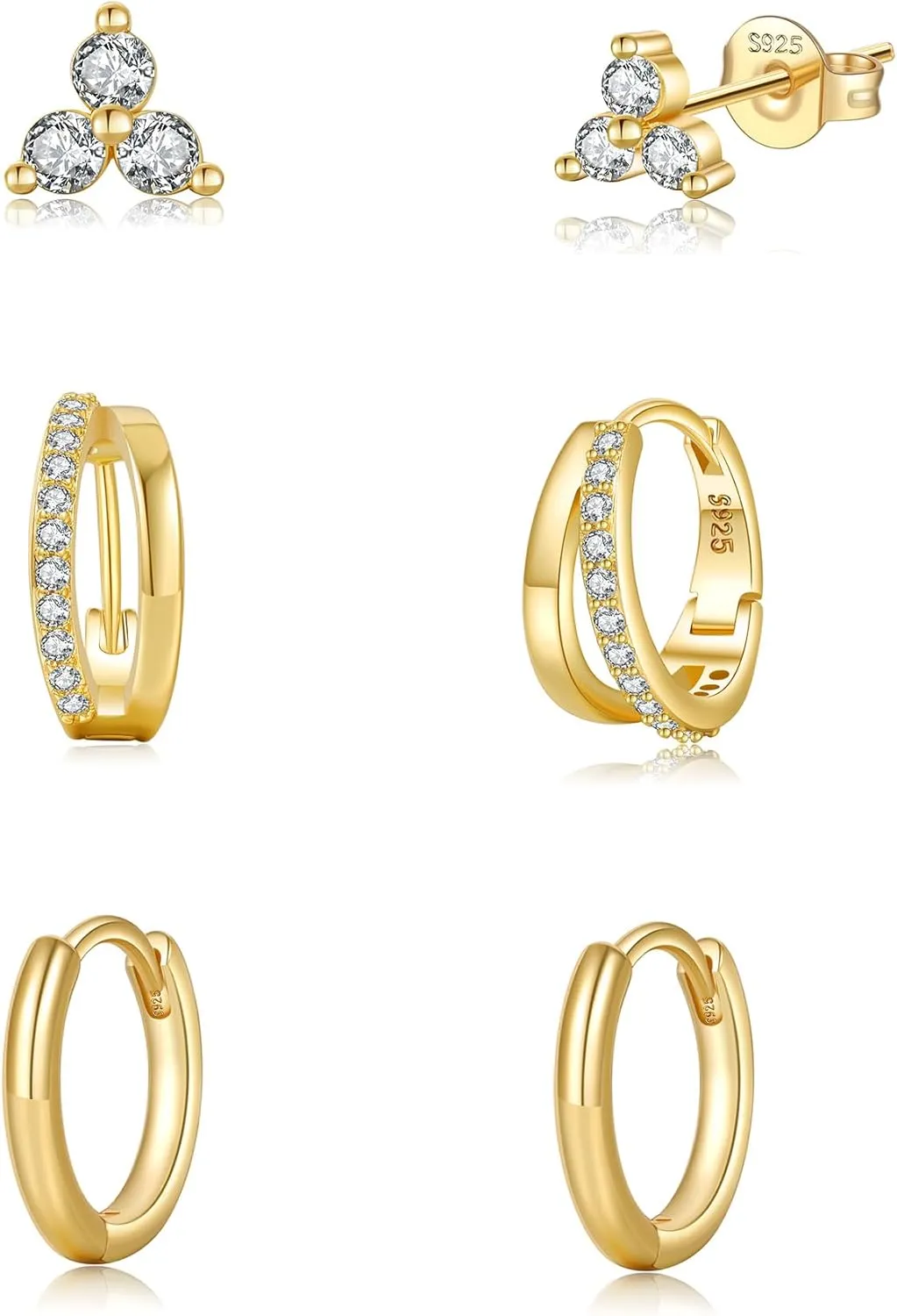 Small Hoop Earrings Set for Women,Trendy 14K Gold Plated Sterling Silver Small Chunky Hoops Earrings for Multiple Piercing Jewelry Gift