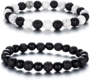 Softones 8MM Lava Rock Aromatherapy Anxiety Essential Black and White Intervals Beads Bracelet for Men Women, Friendship Couples Bracelets Gifts