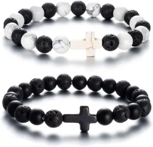 Softones 8MM Lava Rock Aromatherapy Anxiety Essential Black and White Intervals Beads Bracelet for Men Women, Friendship Couples Bracelets Gifts