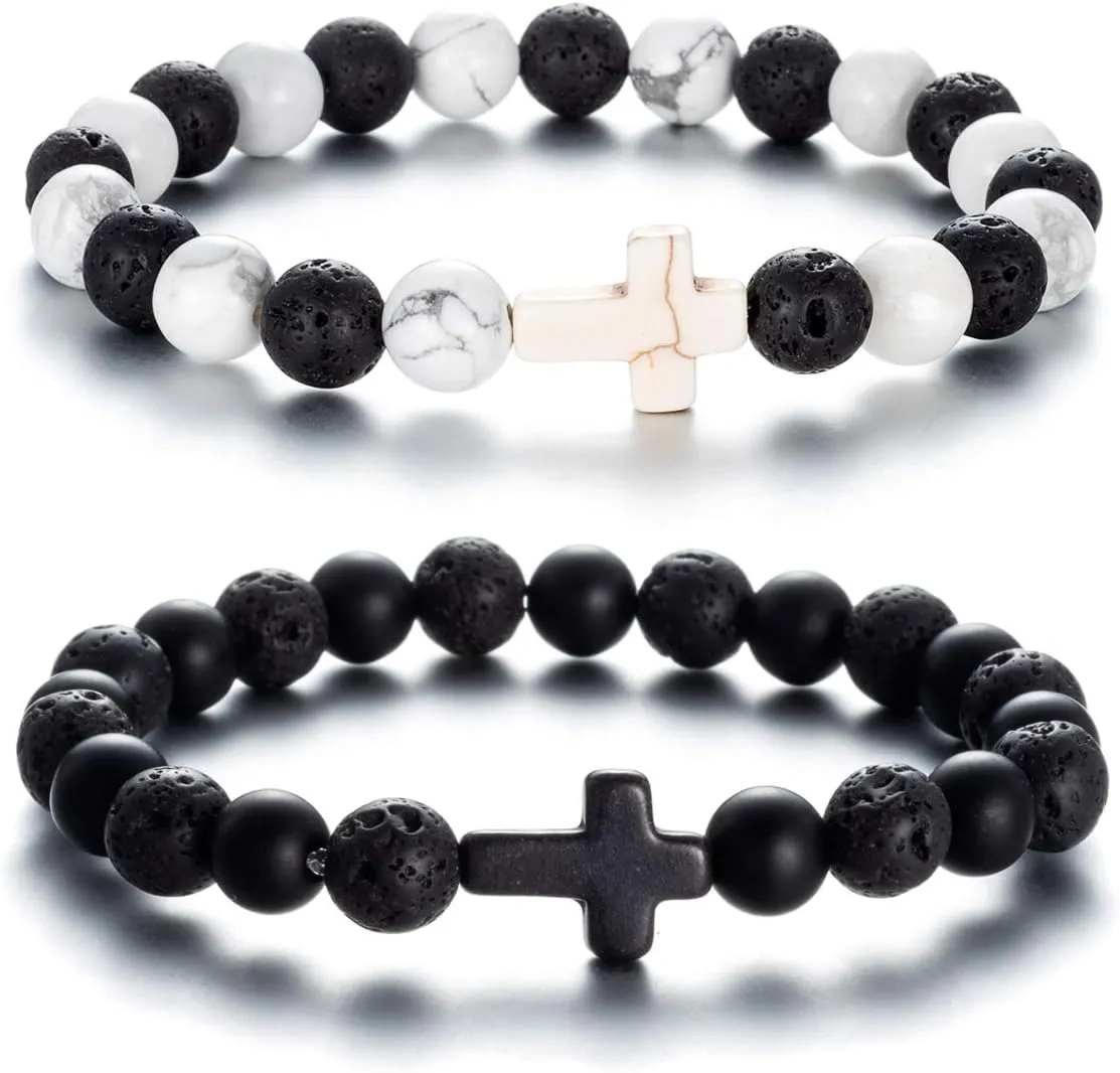Softones 8MM Lava Rock Aromatherapy Anxiety Essential Black and White Intervals Beads Bracelet for Men Women, Friendship Couples Bracelets Gifts