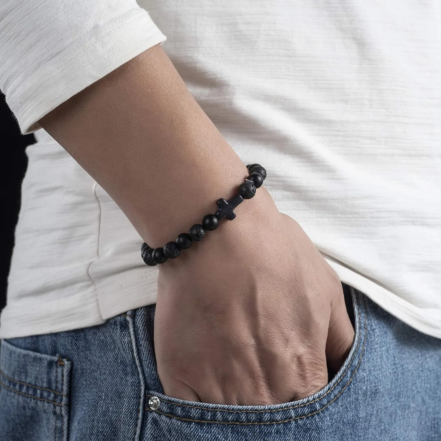 Softones 8MM Lava Rock Aromatherapy Anxiety Essential Black and White Intervals Beads Bracelet for Men Women, Friendship Couples Bracelets Gifts
