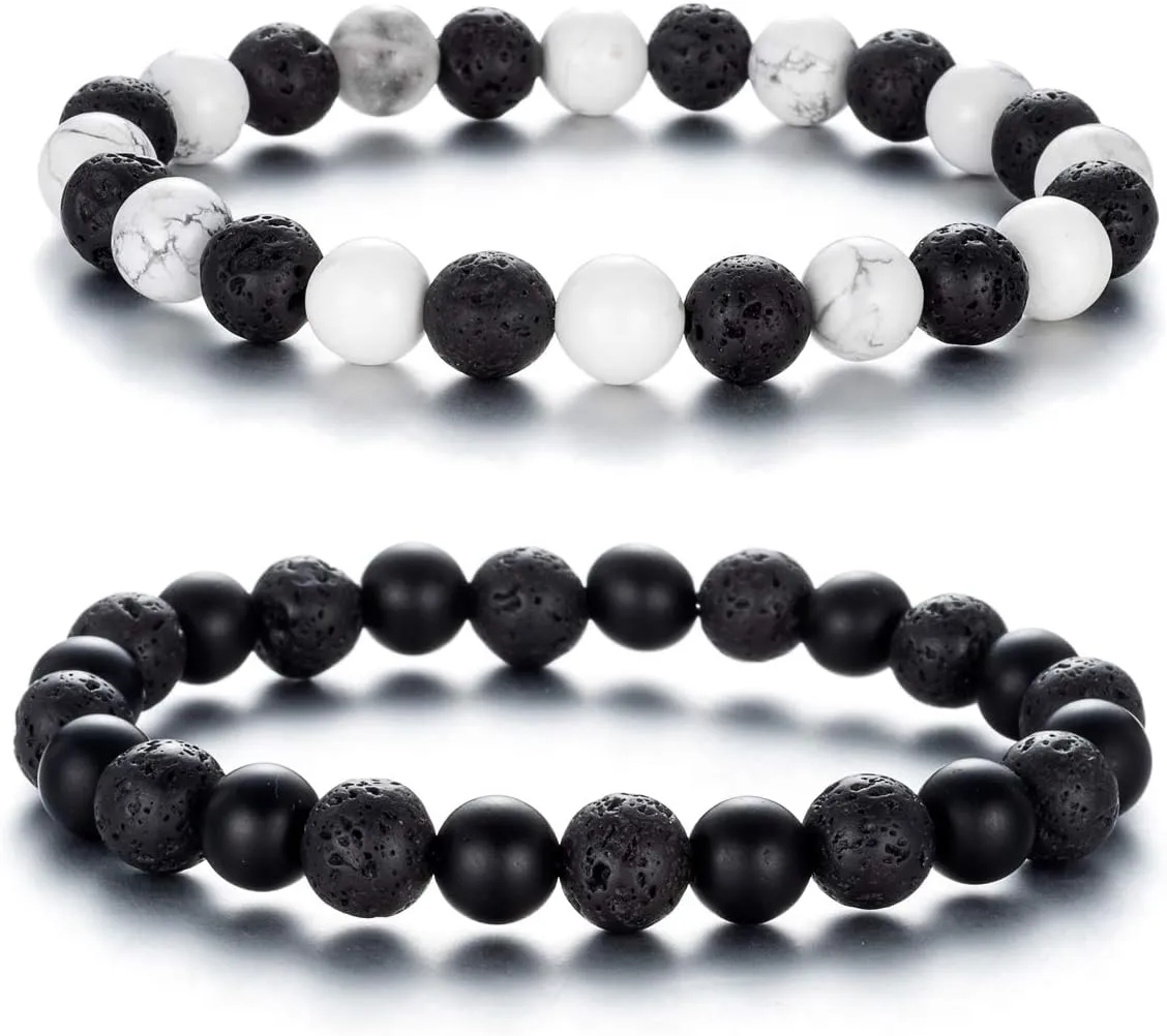 Softones 8MM Lava Rock Aromatherapy Anxiety Essential Black and White Intervals Beads Bracelet for Men Women, Friendship Couples Bracelets Gifts