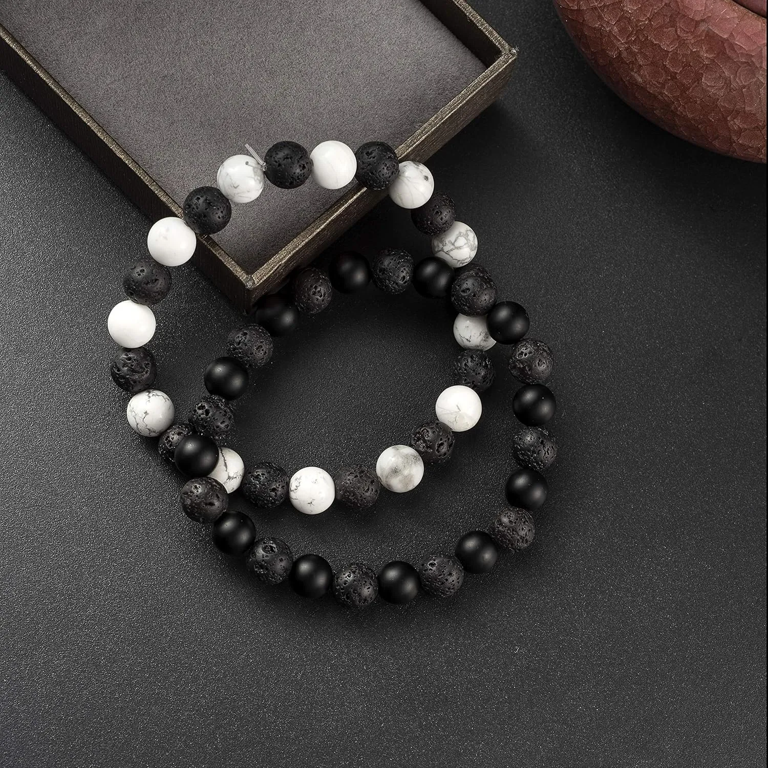 Softones 8MM Lava Rock Aromatherapy Anxiety Essential Black and White Intervals Beads Bracelet for Men Women, Friendship Couples Bracelets Gifts