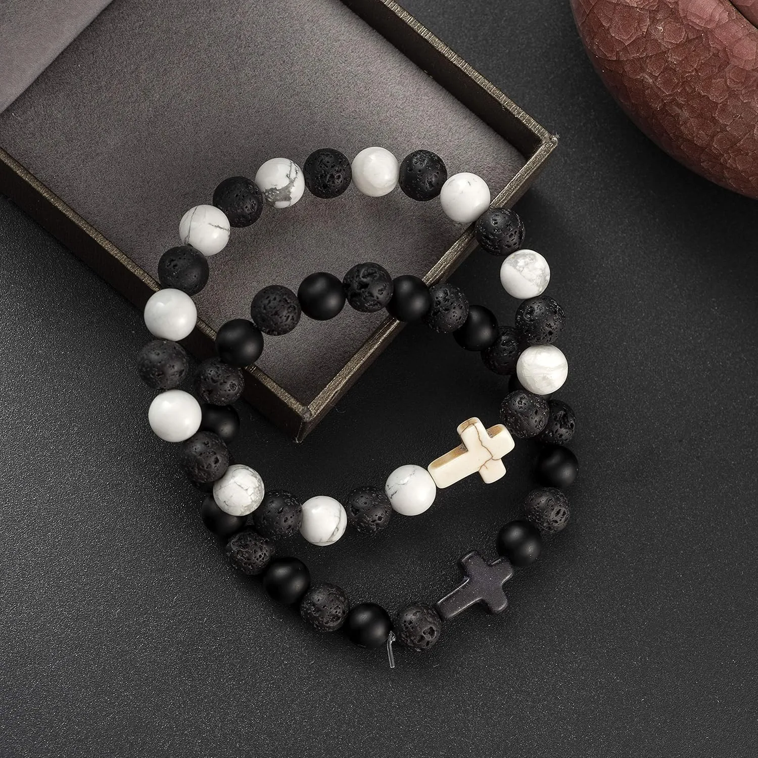 Softones 8MM Lava Rock Aromatherapy Anxiety Essential Black and White Intervals Beads Bracelet for Men Women, Friendship Couples Bracelets Gifts