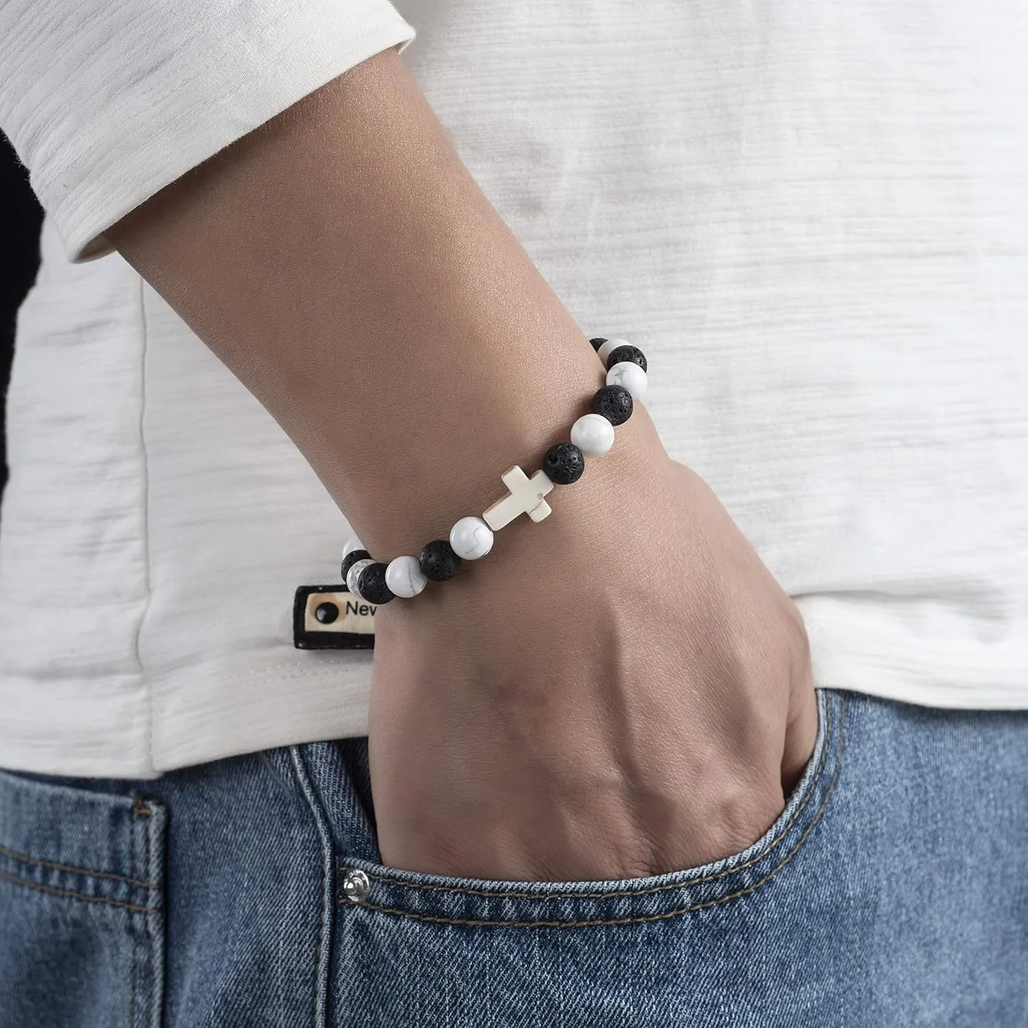 Softones 8MM Lava Rock Aromatherapy Anxiety Essential Black and White Intervals Beads Bracelet for Men Women, Friendship Couples Bracelets Gifts