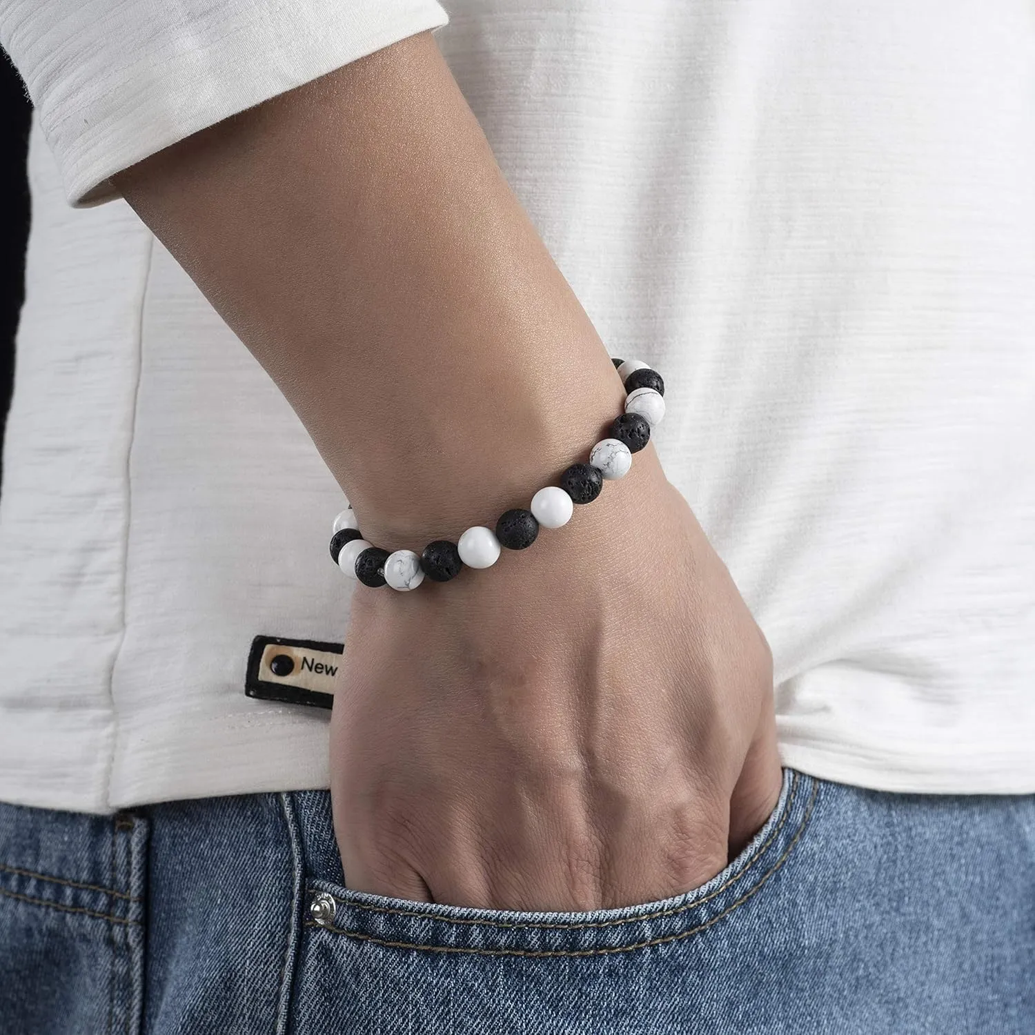 Softones 8MM Lava Rock Aromatherapy Anxiety Essential Black and White Intervals Beads Bracelet for Men Women, Friendship Couples Bracelets Gifts