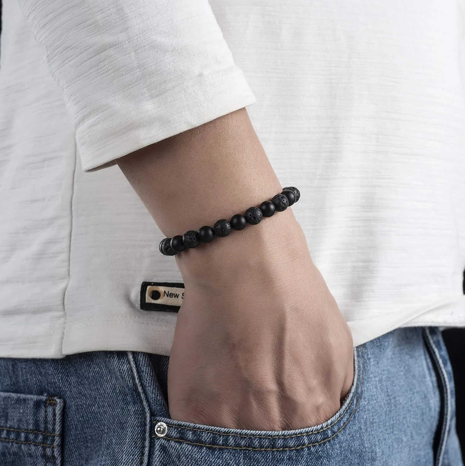 Softones 8MM Lava Rock Aromatherapy Anxiety Essential Black and White Intervals Beads Bracelet for Men Women, Friendship Couples Bracelets Gifts