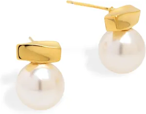 Sonateomber Gold Bar Pearl Stud Earrings for Women, Dainty 14K Gold Plated Hypoallergenic Earings Prom Everyday Fashion Jewelry Gift