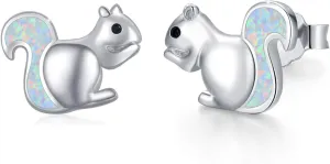 Squirrel Earrings Sterling Silver Cute Opal Little Squirrel Earrings Hypoallergenic Stud Lovely Small Animal Jewelry Gift for Women Girlfriend Daughter Teen Sensitive Ears