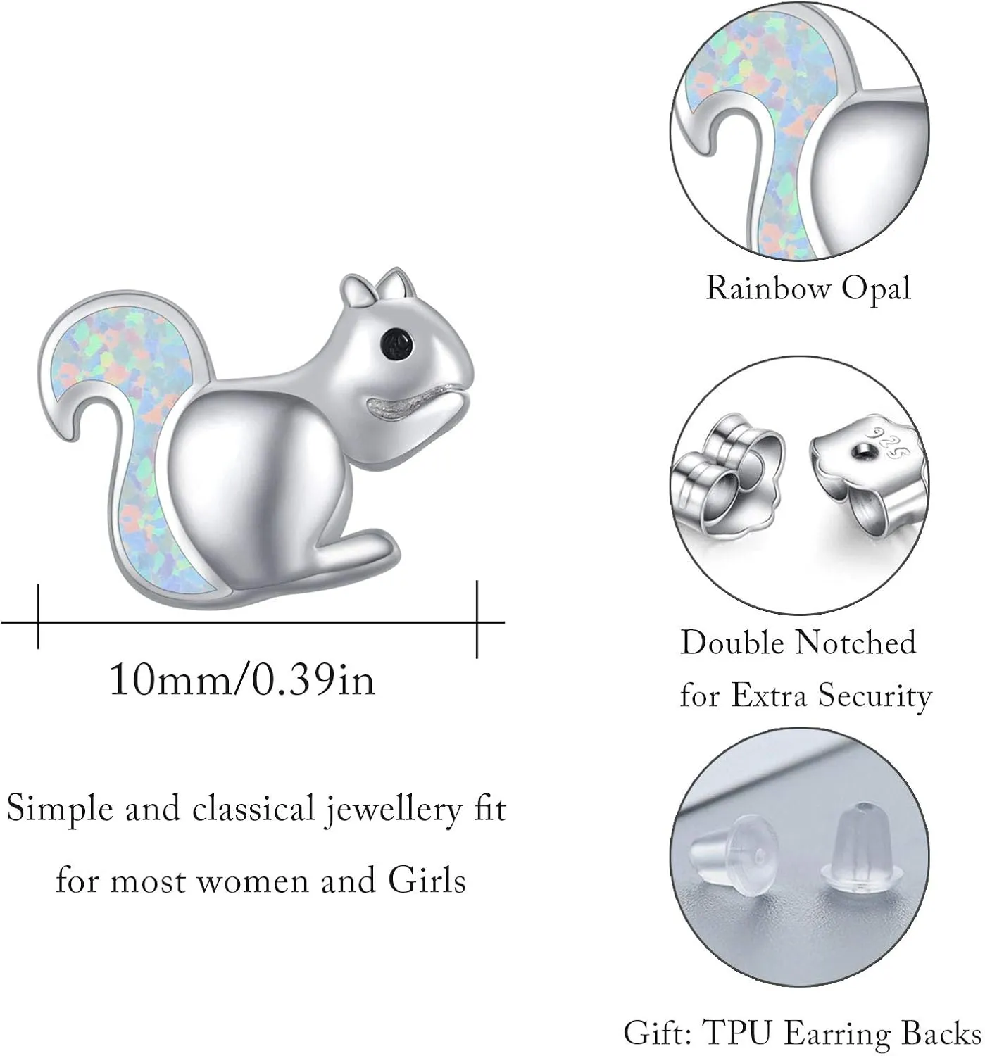 Squirrel Earrings Sterling Silver Cute Opal Little Squirrel Earrings Hypoallergenic Stud Lovely Small Animal Jewelry Gift for Women Girlfriend Daughter Teen Sensitive Ears