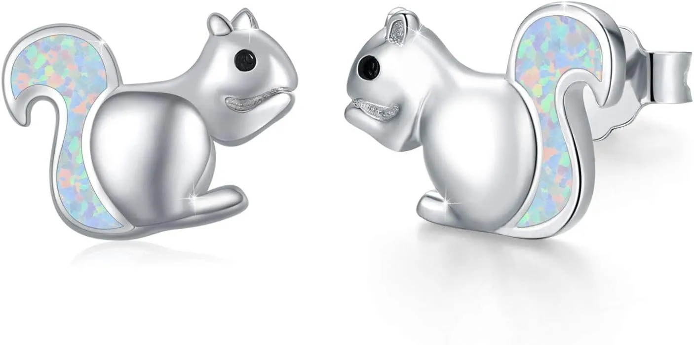 Squirrel Earrings Sterling Silver Cute Opal Little Squirrel Earrings Hypoallergenic Stud Lovely Small Animal Jewelry Gift for Women Girlfriend Daughter Teen Sensitive Ears
